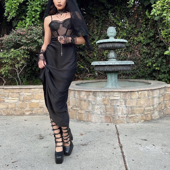 Nasty Gal Dresses & Skirts - Nasty Gal Black Lace-Trim Satin Slip Dress